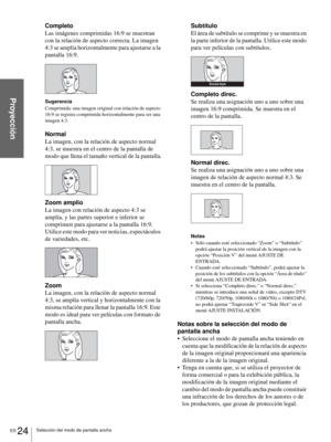 Page 160ES 24Selección del modo de pantalla ancha
Proyección
Completo
Las imágenes comprimidas 16:9 se muestran 
con la relación de aspecto correcta. La imagen 
4:3 se amplía horizontalmente para ajustarse a la 
pantalla 16:9.
Sugerencia
Comprimida: una imagen original con relación de aspecto 
16:9 se registra comprimida horizontalmente para ser una 
imagen 4:3.
Normal
La imagen, con la relación de aspecto normal 
4:3, se muestra en el centro de la pantalla de 
modo que llena el tamaño vertical de la pantalla....