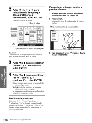 Page 182ES 46Protección de una imagen importante
Uso de un “Memory 
Stick”
2Pulse M, m, < o , para 
seleccionar la imagen que 
desea proteger y, a 
continuación, pulse ENTER.
Aparecerá el menú de índice.
Sugerencia
Cuando seleccione una imagen de película en la pantalla de 
índice, no estarán disponibles “Rotar” ni “Iniciar”.
3Pulse M o m para seleccionar 
“Protec.” y, a continuación, 
pulse ENTER.
4Pulse M o m para seleccionar 
“Sí” o “Todo sí” y, a 
continuación, pulse ENTER.
Sí: una imagen seleccionada en la...