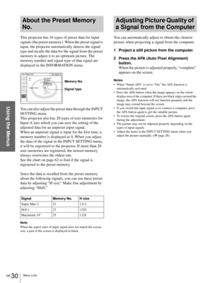 Page 30Menu Lists
GB 30
Using the Menus
About the Preset Memory 
No.
This projector has 34 types of preset data for input 
signals (the preset memory). When the preset signal is 
input, the projector automatically detects the signal 
type and recalls the data for the signal from the preset 
memory to adjust it to an optimum picture. The 
memory number and signal type of that signal are 
displayed in the INFORMATION menu. 
You can also adjust the preset data through the INPUT 
SETTING menu.
This projector also...