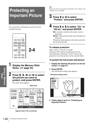 Page 42GB 42Protecting an Important Picture
Using a “Memory 
Stick”
Protecting an 
Important Picture
You can protect a still picture to prevent it from 
accidental erasure.
1Display the Memory Stick 
Home. (1 page 33)
2Press M, m, < or , to select 
the picture you want to 
protect, and press ENTER.
The index menu appears.
Tip
When you select a movie picture in the index screen, “Rotate” and 
“Startup” are not available. 
3Press M or m to select 
“Protect,” and press ENTER.
4Press M or m to select “On” or 
“All...