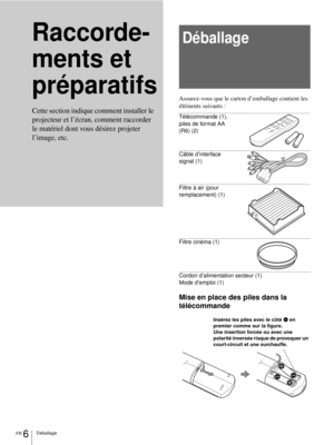 Page 72FR 6Déballage
Raccorde-
ments et 
préparatifsDéballage
Assurez-vous que le carton d’emballage contient les 
éléments suivants :
Télécommande (1), 
piles de format AA 
(R6) (2)
Câble d’interface 
signal (1)
Filtre à air (pour 
remplacement) (1)
Filtre cinéma (1)
Cordon d’alimentation secteur (1)
Mode d’emploi (1)
Mise en place des piles dans la 
télécommande Cette section indique comment installer le 
projecteur et l’écran, comment raccorder 
le matériel dont vous désirez projeter 
l’image, etc.
Insérez...