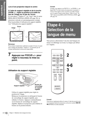 Page 84Raccordements et 
préparatifs
FR 18Étape 4 : Sélection de la langue de menu
Lors d’une projection depuis le centre
À l’aide du support réglable et de la touche 
ZOOM +/–, réglez la position et la taille du 
bas de l’image sur le bas de l’écran.
Si vous placez “Trapèze V” sur “Auto” dans le menu 
RÉGLAGE D’INSTALLATION (1page 30), la 
distorsion verticale est automatiquement corrigée.
Pour la procédure d’utilisation du support réglable, 
voir “Utilisation du support réglable”.
Remarque
Pour certaines...