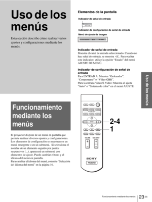 Page 10923 ES Funcionamiento mediante los menús
Uso de los menús
Uso de los 
menús
Funcionamiento 
mediante los 
menús
El proyector dispone de un menú en pantalla que 
permite realizar diversos ajustes y configuraciones. 
Los elementos de configuración se muestran en un 
menú emergente o en un submenú.  Si selecciona el 
nombre de un elemento seguido por puntos 
suspensivos (...), aparecerá un submenú con 
elementos de ajuste. Puede cambiar el tono y el 
idioma del menú en pantalla.
Para cambiar el idioma del...