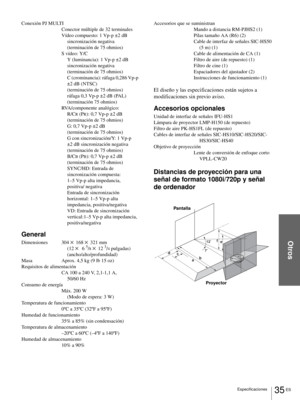 Page 121Otros
35 ES
Especificaciones
Conexión PJ MULTI
Conector múltiple de 32 terminales
Vídeo compuesto: 1 Vp-p ±2 dB sincronización negativa 
(terminación de 75 ohmios)
S vídeo: Y/C
    Y (luminancia): 1 Vp-p ±2 dB  sincronización negativa 
(terminación de 75 ohmios)
    C (crominancia): ráfaga 0,286 Vp-p  ±2 dB (NTSC) 
(terminación de 75 ohmios)
    ráfaga 0,3 Vp-p ±2 dB (PAL)  (terminación 75 ohmios)
RVA/componente analógico: R/C
R (PR): 0,7 Vp-p ±2 dB
(terminación de 75 ohmios)
G: 0,7 Vp-p ±2 dB...