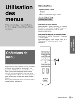 Page 6523 FR Opérations de menu
Utilisation des 
menus
Utilisation 
des 
menus
Opérations de 
menu
Le projecteur est doté d’un menu sur écran permettant 
d’effectuer divers réglages et paramétrages. Les 
paramètres s’affichent sur un menu local ou un sous-
menu. Lorsque sélectionnez une option de menu 
suivie de points de suspension (...), un sous-menu 
avec des paramètres s’affiche. Vous pouvez changer la 
teinte de l’affichage du menu et la langue du menu à 
l’écran.
Pour changer la langue du menu, voir...