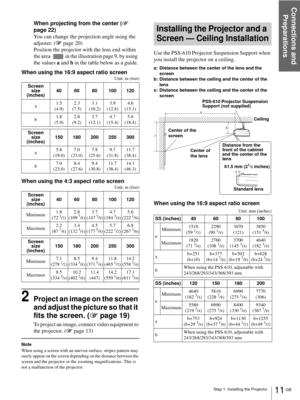 Page 11Step 1: Installing the Projector
Connections and 
Preparations
11 GB
When projecting from the center (1 
page 22)
You can change the projection angle using the 
adjuster. (1 page 20)
Position the projector with the lens end within 
the area   in the illustration page 9, by using  
the values a and b in the table below as a guide. 
When using the 16:9 aspect ratio screen
Unit: m (feet)
When using the 4:3 aspect ratio screen
Unit: m (feet)
2Project an image on the screen 
and adjust the picture so that it...