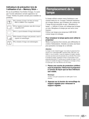 Page 143Divers
65 FR Remplacement de la lampe
Indicateurs de précaution lors de 
l’utilisation d’un « Memory Stick »
En cas de problème d’un fichier d’image, il se peut 
que l’un des indicateurs suivants apparaisse sur 
l’écran. Vérifiez les points suivants pour remédier au 
problème.
Remplacement de la 
lampe
La lampe utilisée comme source lumineuse a une 
certaine durée de vie. Lorsque l’intensité lumineuse 
de la lampe diminue, que la balance des couleurs de 
l’image devient anormale ou que « Remplacer la...