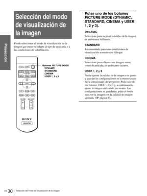 Page 188ES 30Selección del modo de visualización de la imagen
Proyección
Selección del modo 
de visualización de 
la imagen
Puede seleccionar el modo de visualización de la 
imagen que mejor se adapte al tipo de programa o a 
las condiciones de la habitación.
Pulse uno de los botones 
PICTURE MODE (DYNAMIC, 
STANDARD, CINEMA y USER 
1, 2 y 3).
DYNAMIC
Seleccione para mejorar la nitidez de la imagen 
en ambientes brillantes.
STANDARD
Recomendado para unas condiciones de 
visualización normales en el hogar....