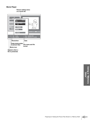 Page 4343 GB Preparing for Viewing the Picture Files Stored in a “Memory Stick”
Using a “Memory 
Stick”
Movie Player
Size : 320x240           No    : 1/1234
Date : 2003/JUL/15 12:34PMFile   : SJP0001.MPG
Prev.
Full Screen
Menu
Return
NEXTInformation
On
Audio Select
Protect
Delete
Close L/R
Picture setting menu 
of a movie file
Resolution
Date
File name and file 
format
Movie icon
Appears when a 
file is protected.Order/total number 
of picture files 