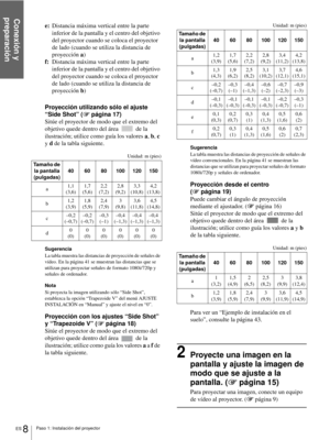 Page 104Conexión y 
preparación
ES 8Paso 1: Instalación del proyector
e:Distancia máxima vertical entre la parte 
inferior de la pantalla y el centro del objetivo 
del proyector cuando se coloca el proyector 
de lado (cuando se utiliza la distancia de 
proyección a)
f:Distancia máxima vertical entre la parte 
inferior de la pantalla y el centro del objetivo 
del proyector cuando se coloca el proyector 
de lado (cuando se utiliza la distancia de 
proyección b)
Proyección utilizando sólo el ajuste 
“Side Shot”...