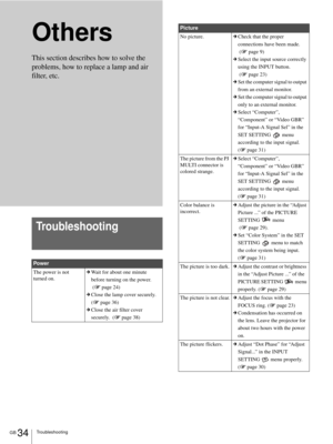 Page 34GB 34Troubleshooting
Others
Troubleshooting
Power
The power is not 
turned on.cWait for about one minute 
before turning on the power.
 (1 page 24)
cClose the lamp cover securely.  
(1 page 36)
cClose the air filter cover 
securely.  (1 page 38)
This section describes how to solve the 
problems, how to replace a lamp and air 
filter, etc.
Picture
No picture.cCheck that the proper 
connections have been made. 
 (1 page 9)
cSelect the input source correctly 
using the INPUT button. 
 (1 page 23)
cSet the...