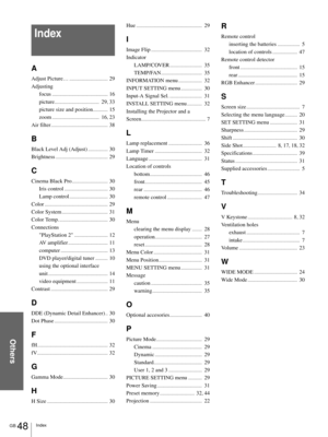 Page 48GB 48Index
Others
Index 
A
Adjust Picture…...............................  29
Adjusting
focus
.............................................  16
picture
....................................  29, 33
picture size and position
............  15
zoom
......................................  16, 23
Air filter
..............................................  38
B
Black Level Adj (Adjust)................  30
Brightness
..........................................  29
C
Cinema Black Pro................................