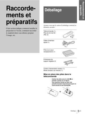 Page 53Raccordements et 
préparatifs
5 FR Déballage
Raccorde-
ments et 
préparatifs
Assurez-vous que le carton d’emballage contient les 
éléments suivants :
Cordon d’alimentation secteur (1)
Mode d’emploi (ce manuel) (1)
Mise en place des piles dans la 
télécommande Cette section indique comment installer le 
projecteur et l’écran, comment raccorder 
le matériel dont vous désirez projeter 
l’image, etc.
Déballage
Télécommande (1), 
Piles de format AA 
(R6) (2)
Câble d’interface 
signal (1)
Filtre à air (pour...