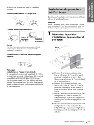 Page 55Raccordements et 
préparatifs
7 FR Étape 1 : Installation du projecteur
N’utilisez pas le projecteur dans les conditions 
suivantes.
Inclinaison excessive du projecteur
Orifices de ventilation bouchés
Conseil
Pour plus d’informations sur l’emplacement des orifices de 
ventilation (prise d’air/sortie), voir « Emplacement des 
commandes » à la page 46.
Installation du projecteur sans le support 
réglable
Remarque
Installation de l’appareil en altitude
Si vous utilisez le projecteur à une altitude de 1 500...