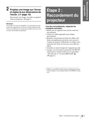 Page 57Raccordements et 
préparatifs
9 FR Étape 2 : Raccordement du projecteur
2Projetez une image sur l’écran 
et réglez-la aux dimensions de 
l’écran. (1page 15)
Pour projeter une image, raccordez un appareil 
vidéo au projecteur. (1page 9)
Remarque
Si la surface de l’écran est irrégulière, il se peut parfois que des 
motifs rayés apparaissent sur l’écran à certaines distances entre 
l’écran et le projecteur ou certains grossissements du zoom. Ceci 
n’est pas une anomalie du projecteur.
Lors des...