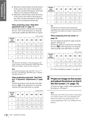 Page 8Connections and 
Preparations
GB 8Step 1: Installing the Projector
e:Maximum vertical distance from the bottom 
of the screen to the center of the projector’s 
lens when you place the projector on the side 
(when you use projection distance a)
f:Maximum vertical distance from the bottom 
of the screen to the center of the projector’s 
lens when you place the projector on the side 
(when you use projection distance b)
When projecting using “Side Shot” 
adjustment only (1 page 17)
Position the projector...