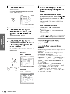 Page 76FR 28Opérations de menu
Utilisation des 
menus
1Appuyez sur MENU.
Le menu apparaît.
Le menu actuellement sélectionné est indiqué 
comme un bouton jaune.
2Appuyez sur M ou m pour 
sélectionner un menu, puis 
appuyez sur , ou ENTER.
Le menu sélectionné apparaît.
3Appuyez sur M ou m pour 
sélectionner l’option de menu 
à modifier, puis appuyez sur 
, ou ENTER.
Les paramètres s’affichent sur un menu local ou 
un sous-menu.
4Effectuez le réglage ou le 
paramétrage pour l’option de 
menu.
Pour changer le...