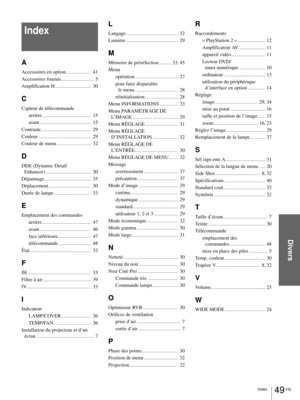 Page 9749 FR Index
Divers
Index 
A
Accessoires en option......................  41
Accessoires fournis
............................. 5
Amplification H
...............................  30
C
Capteur de télécommande
arrière
...........................................  15
avant
.............................................  15
Contraste
............................................  29
Couleur
..............................................  29
Couleur de menu
..............................  32
D
DDE (Dynamic Detail...