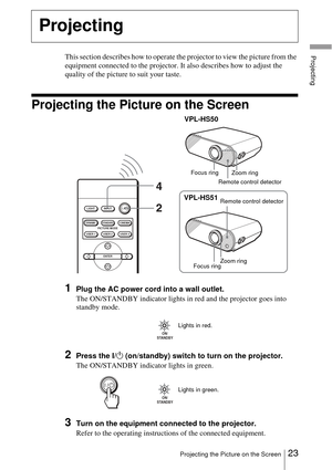 Page 2323Projecting the Picture on the Screen
ProjectingThis section describes how to operate the projector to view the picture from the 
equipment connected to the projector. It also describes how to adjust the 
quality of the picture to suit your taste.
Projecting the Picture on the Screen
1Plug the AC power cord into a wall outlet.
The ON/STANDBY indicator lights in red and the projector goes into 
standby mode.
2Press the I/1 (on/standby) switch to turn on the projector.
The ON/STANDBY indicator lights in...