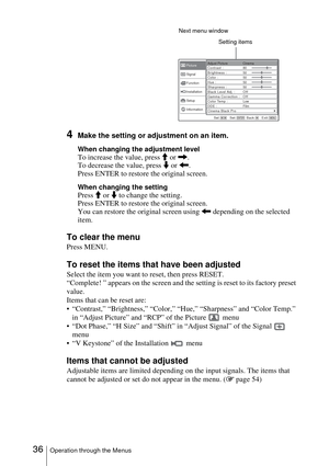 Page 3636Operation through the Menus
4Make the setting or adjustment on an item.
When changing the adjustment level
To increase the value, press M or ,.
To decrease the value, press m or 