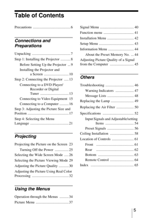 Page 55
Table of Contents
Precautions ......................................... 6
Connections and 
Preparations
Unpacking .......................................... 7
Step 1: Installing the Projector ........... 8
Before Setting Up the Projector  ... 9
Installing the Projector and 
a Screen  ........................... 10
Step 2: Connecting the Projector  ..... 13
Connecting to a DVD Player/
Recorder or Digital 
Tuner ............................... 13
Connecting to Video Equipment  15
Connecting to a Computer...