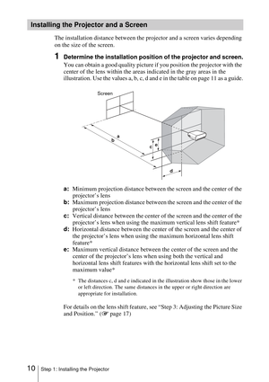 Page 1010Step 1: Installing the Projector
The installation distance between the projector and a screen varies depending 
on the size of the screen.
1Determine the installation position of the projector and screen.
You can obtain a good quality picture if you position the projector with the 
center of the lens within the areas indicated in the gray areas in the 
illustration. Use the values a, b, c, d and e in the table on page 11 as a guide.
a:Minimum projection distance between the screen and the center of the...