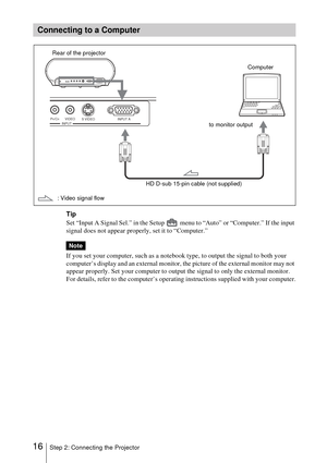 Page 1616Step 2: Connecting the Projector
Tip
Set “Input A Signal Sel.” in the Setup   menu to “Auto” or “Computer.” If the input 
signal does not appear properly, set it to “Computer.”
If you set your computer, such as a notebook type, to output the signal to both your 
computer’s display and an external monitor, the picture of the external monitor may not 
appear properly. Set your computer to output the signal to only the external monitor.
For details, refer to the computer’s operating instructions supplied...