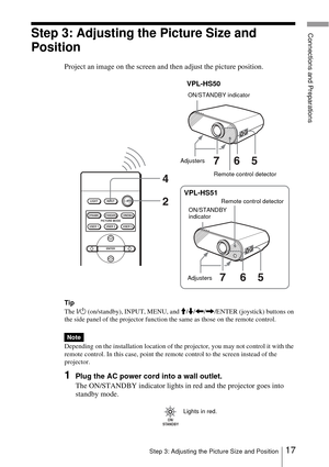 Page 1717Step 3: Adjusting the Picture Size and Position
Connections and PreparationsStep 3: Adjusting the Picture Size and 
Position
Project an image on the screen and then adjust the picture position.
Tip
The I/1 (on/standby), INPUT, MENU, and M/m/