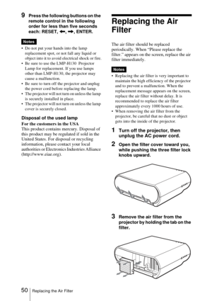 Page 5050Replacing the Air Filter
9Press the following buttons on the 
remote control in the following 
order for less than five seconds 
each: RESET, 