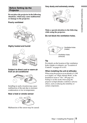 Page 99Step 1: Installing the Projector
Connections and Preparations
Do not place the projector in the following 
situations, which may cause malfunction 
or damage to the projector.
Poorly ventilated
Highly heated and humid
Subject to direct cool or warm air 
from an air-conditioner
Installing in such a location may cause 
malfunction of the unit due to moisture 
condensation or rise in temperature.
Near a heat or smoke sensor 
Malfunction of the sensor may be caused.Very dusty and extremely smoky
Make a...