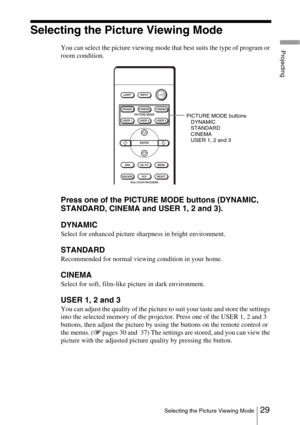 Page 2929Selecting the Picture Viewing Mode
Projecting
Selecting the Picture Viewing Mode
You can select the picture viewing mode that best suits the type of program or 
room condition.
Press one of the PICTURE MODE buttons (DYNAMIC, 
STANDARD, CINEMA and USER 1, 2 and 3).
DYNAMIC
Select for enhanced picture sharpness in bright environment.
STANDARD
Recommended for normal viewing condition in your home.
CINEMA
Select for soft, film-like picture in dark environment.
USER 1, 2 and 3
You can adjust the quality of...