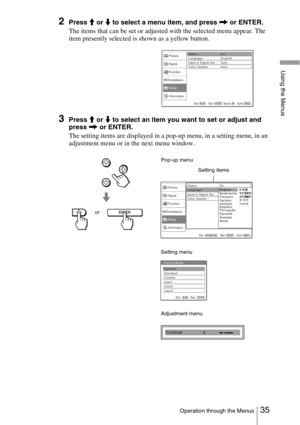 Page 3535Operation through the Menus
Using the Menus
2Press M or  m to select a menu item, and press  , or ENTER.
The items that can be set or adjusted with the selected menu appear. The 
item presently selected is shown as a yellow button.
3Press  M or  m to select an item you want to set or adjust and 
press , or ENTER.
The setting items are displayed in a pop-up menu, in a setting menu, in an 
adjustment menu or in the next menu window.
Picture
Signal
Function
Setup Installation
InformationStatus :
Language...