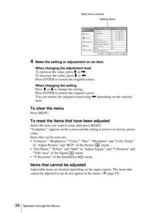 Page 3636Operation through the Menus
4Make the setting or adjustment on an item.
When changing the adjustment level
To increase the value, press M or  ,.
To decrease the value, press  m or  