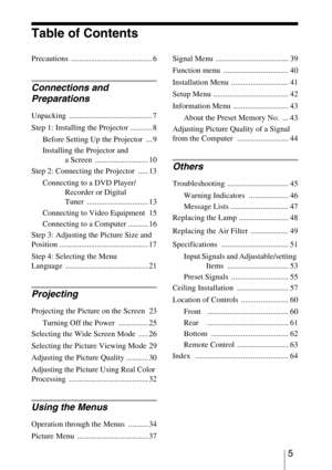 Page 55
Table of Contents
Precautions ......................................... 6
Connections and 
Preparations
Unpacking .......................................... 7
Step 1: Installing the Projector ........... 8Before Setting Up the Projector  ... 9
Installing the Projector and  a Screen  ........................... 10
Step 2: Connecting the Projector  ..... 13
Connecting to a DVD Player/ Recorder or Digital 
Tuner ............................... 13
Connecting to Video Equipment  15
Connecting to a Computer...