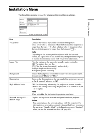 Page 4141Installation Menu
Using the Menus
Installation Menu
The Installation menu is used for changing the installation settings.
Item Description
V Keystone Corrects the vertical trapezoidal distortion of the picture.Sets a lower value (– direction) when the bottom of the trapezoid is 
longer than the top ( ). Sets a higher value (+ direction) when 
the top of the trapezoid is longer than the bottom ( ).
Note
Depending on the picture position adjusted with the lens shift 
feature, the aspect ratio of the...