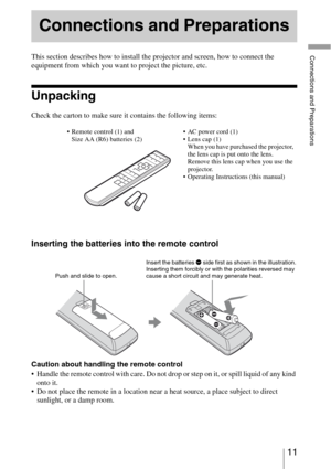 Page 1111 
Connections and PreparationsThis section describes how to install the projector and screen, how to connect the 
equipment from which you want to project the picture, etc.
Unpacking
Check the carton to make sure it contains the following items:
Inserting the batteries into the remote control
Caution about handling the remote control
 Handle the remote control with care. Do not drop or step on it, or spill liquid of any kind 
onto it.
 Do not place the remote in a location near a heat source, a place...