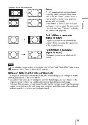 Page 3131 
Projecting
You can adjust the vertical position of the picture with “V Center” and “Vertical Size” in the Screen 
 menu only when “Zoom” is selected. (1 page 46)
Notes on selecting the wide screen mode
The projector is featured with the WIDE MODE. When changing the settings of WIDE 
MODE, use caution as described below.
 Select the wide screen mode taking into account that changing the aspect ratio of the 
original picture will provide a different look from that of the original image.
 Note that if...