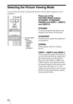 Page 32 32
Selecting the Picture Viewing Mode
You can select the picture viewing mode that best suits the type of program or room 
conditions.
Press one of the 
PICTURE MODE buttons 
(DYNAMIC, STANDARD, 
CINEMA and USER 1, USER 2 
and USER 3).
DYNAMIC
Vivid picture quality that enhances the 
sharpness and contrast of the picture.
STANDARD
Standard picture quality that emphasizes 
on naturalness.
CINEMA
Picture quality suited for watching 
movies.
USER 1, USER 2 and USER 3
You can adjust the quality of the...