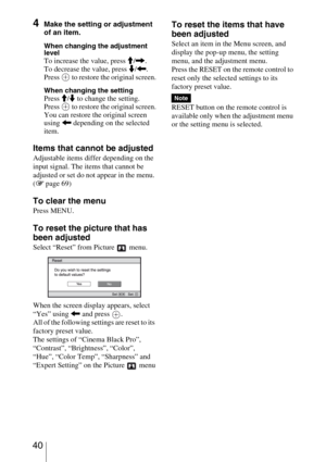 Page 40 40
4Make the setting or adjustment 
of an item.
When changing the adjustment 
level
To increase the value, press M/,.
To decrease the value, press m/