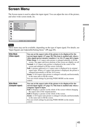 Page 4545 
Using the Menus
Screen Menu
The Screen menu is used to adjust the input signal. You can adjust the size of the picture, 
and select wide screen mode, etc.
.
These items may not be available, depending on the type of input signal. For details, see 
“Input Signals and Adjustable/Setting Items” (1 page 69).
Note
Wide Mode 
(Video signal)You can set the aspect ratio of the picture to be displayed for the 
current input signal. (1 page 30) This item is enabled only when a 
video signal (preset memory...