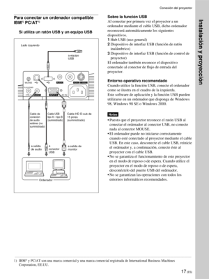 Page 10317 (ES)
.........................................................................................................................................................................................................
1) IBM® y PC/AT son una marca comercial y una marca comercial registrada de International Business Machines
Corporation, EE.UU.
 Conexión del proyector
Instalación y proyecciónPara conectar un ordenador compatible
IBM1) PC/AT1)
Si utiliza un ratón USB y un equipo USB
MOUSE
CTRL S
PLUG IN POWER...