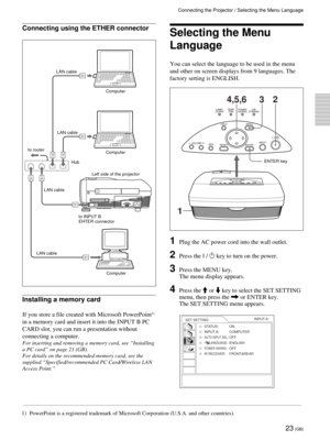 Page 2323 (GB)
.........................................................................................................................................................................................................
1) PowerPoint is a registered trademark of Microsoft Corporation (U.S.A. and other countries).
INPUT B
PC CARD
INPUT A~AC IN
PUSH
Computer
Left side of the projector to router
LAN cableHubComputer
Computer LAN cableLAN cable
LAN cable
Connecting using the ETHER connector
Installing a memory card
If...