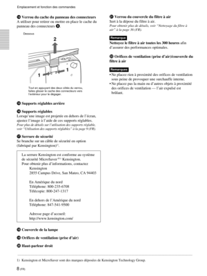 Page 528 (FR)
qfVerrou du cache du panneau des connecteurs
A utiliser pour retirer ou mettre en place le cache du
panneau des connecteurs 9.
11 2
qg Supports réglables arrière
qh Supports réglables
Lorsqu’une image est projetée en dehors de l’écran,
ajustez l’image à l’aide de ces supports réglables.
Pour plus de détails sur l’utilisation des supports réglable,
voir “Utilisation des supports réglables” à la page 9 (FR).
qj Serrure de sécurité
Se branche sur un câble de sécurité en option
(fabriqué par...