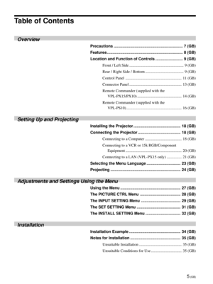 Page 55 (GB)
Table of Contents
Overview
Precautions ............................................................... 7 (GB)
Features ..................................................................... 8 (GB)
Location and Function of Controls ......................... 9 (GB)
Front / Left Side ....................................................... 9 (GB)
Rear / Right Side / Bottom ....................................... 9 (GB)
Control Panel ......................................................... 11 (GB)...