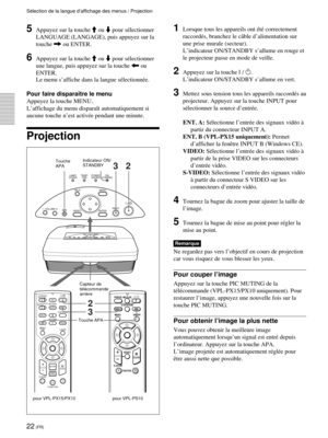 Page 6622 (FR)
Sélection de la langue d’affichage des menus / Projection
HELP LAMP/
COVERTEMP/
FANPOWER
SAVINGON/
STANDBY
RESET APA VOLUME
ENTERINPUT MENU
MUTINGPICAUDIO
HELP
APA
LASER
INPUTD KEYSTONE
FREEZE
PJ NETWORKON COMMAND
OFF
VOLUME
ENTER
FUNCTION
RM-PJM15
PROJECTOR
D ZOOMCLICKRESET/
ESCAPE
MENU/
TAB
R
1
23
2
332
I / 1
INPUT
FREEZE
MENU ENTER
D KEYSTONEMS SLIDE
RESET
FUNCTIOND ZOOM12
APA
+
–RCLICK
Capteur de
télécommande
arrièreIndicateur ON/
STANDBY
Touche APA Touche
APA
5Appuyez sur la touche M ou m...