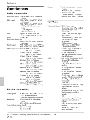 Page 3636 (GB)
Specifications
Specifications
Optical characteristics
Projection system 3 LCD panels, 1 lens, projection
system
LCD panel VPL-PX20: 1.3-inch TFT SONY
LCD panel
VPL-PX30: 1.3-inch TFT SONY
LCD panel with micro-lens
array,
2,359,296 pixels
(786,432 pixels ´ 3)
Lens Approx. 1.3 times zoom lens
f 50.8 to 64.0 mm/F 1.7 to 2.0
Lamp 200 W UHP
Projection picture size
Range: 40 to 300 inches (diagonal
measure)
Light output VPL-PX20: ANSI lumen
1) 1400 lm
VPL-PX30: ANSI lumen1) 2400 lm
Throwing distance...