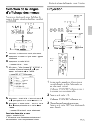 Page 5917 (FR)
SŽlection de la langue dÕaffichage des menus  / Projection
1Lorsque tous les appareils ont ŽtŽ correctement
raccordŽs, branchez le c‰ble dÕalimentation sur
une prise murale (secteur).
LÕindicateur ON/STANDBY sÕallume en rouge et
le projecteur passe en mode de veille.
2Appuyez sur la touche I / 1.
LÕindicateur ON/STANDBY sÕallume en vert.
3Allumez lÕappareil raccordŽ au projecteur.
Appuyez sur la touche INPUT pour sŽlectionner la
source dÕentrŽe.
Projection
 Indicateur ON/
STANDBY
Touche
APA...