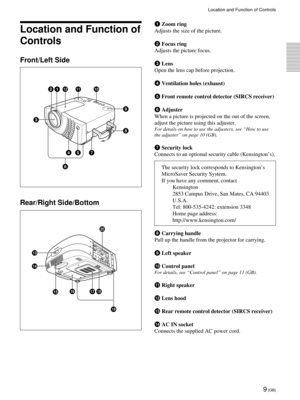 Page 99 (GB)
Location and Function of
Controls
Front/Left Side
1 Zoom ring
Adjusts the size of the picture.
2 Focus ring
Adjusts the picture focus.
3 Lens
Open the lens cap before projection.
4 Ventilation holes (exhaust)
5Front remote control detector (SIRCS receiver)
6 Adjuster
When a picture is projected on the out of the screen,
adjust the picture using this adjuster.
For details on how to use the adjusters, see ÒHow to use
the adjusterÓ on page 10 (GB).
7 Security lock
Connects to an optional security...