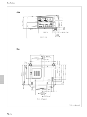 Page 8240 (FR)
SpŽcifications
UnitŽ: mm (pouces)
Bas C™tŽ
335,5 (13 7/32) 146 (5 
3/4)
95 (3 
3/4)
45,4
 (1 25/32)
23,8
 (15/16)
28,4
 (1 1/8)35,4
 (1 13/32)0 – 2,1 (0 – 3/32)
116,8 (4 
19/32)
279 (10 31/32)
246
 (9 11/16)134
 (5 9/32)
150,8
 (5 15/16)
38,4
(1 1/2)
16,8
 (21/32)
152,3
 (6)
211,2
 (8 5/16)
127(5) 51,5 (
2 1/32)
29(1 5/32)
210,4
 (8 9/32)
128
 (5 1/32)
40 (1 9/16)
29(1 5/32)
20(25/32)
117,2 (4 5/8)26,5 (1 1/32)
1,8 (1/16)
32
23
(29/32)108,8 (4 9/32)54,5 (2 5/32)
113,5 (4 15/32)
100 (3 15/16)
96...