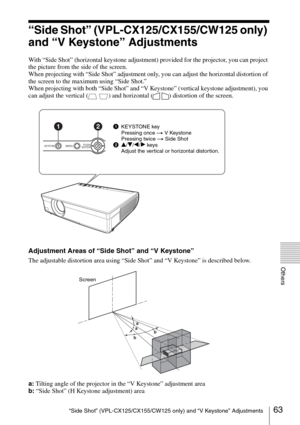 Page 6363“Side Shot” (VPL-CX125/CX155/CW125 only) and “V Keystone” Adjustments
Others
“Side Shot” (VPL-CX125/CX155/CW125 only) 
and “V Keystone” Adjustments
With “Side Shot” (horizontal keystone adjustment) provided for the projector, you can project 
the picture from the side of the screen.
When projecting with “Side Shot” adjustment only, you can adjust the horizontal distortion of 
the screen to the maximum using “Side Shot.”
When projecting with both “Side Shot” and “V Keystone” (vertical keystone...
